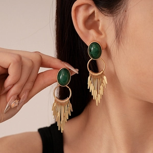 Vintage Tassel Drop Earrings Alloy Resin Oval Green Faux Malachite With Silver Earring Post For Women Bohemian Style