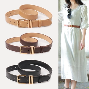 Women's minimalist PU leather belts in khaki, brown, and black with gold metal buckles