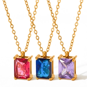 Golden stainless steel necklaces with pink, blue and purple zircon rectangle pendants