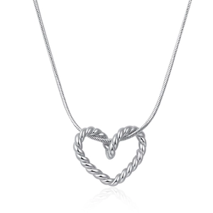 Macro shot of silver titanium heart pendant with twisted rope texture on snake chain
