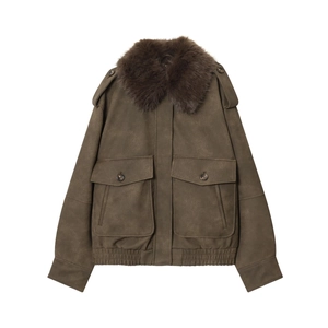 Veste Bombardier Vintage Vert Armée en Similicuir Avec Col en Fausse Fourrure Marron Foncé Vêtement de Longueur Moyenne pour Femme