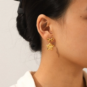 Elegant 18k gold plated stainless steel bow and star drop earrings for women