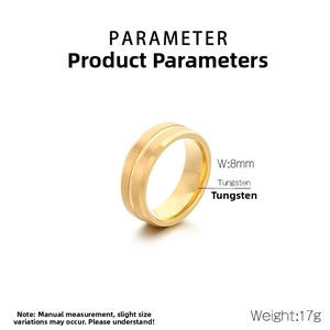 Detail showing 8mm matte tungsten ring specifications with brushed finish and gold tone