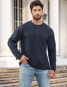 Camiseta Henley azul marino de manga larga con bolsillo y costuras de contraste