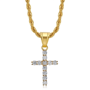 Iced out gold cross pendant with 3A cubic zirconia and heavy rope chain for hiphop style