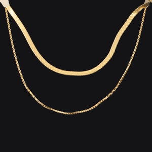 Double-layered gold titanium steel necklace featuring a flat snake chain and thin box chain