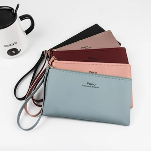 Multi-color long leather zip wallets for women with wrist straps and large capacity