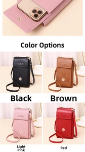 Detail view of small crossbody phone bag for women in black, brown, pink, and red colors.