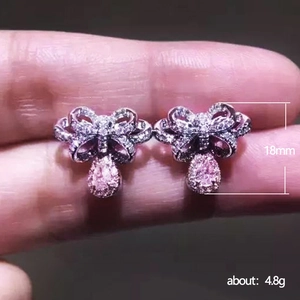 Pink pear-shaped gemstone bow earrings with silver zircon pavé setting, size 18mm