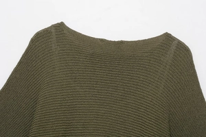 Detailed view of dark green knit top featuring crew neck and fine ribbed texture pattern