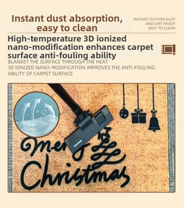 Close-up of vacuum cleaner cleaning Merry Christmas door mat with cocoa fiber texture
