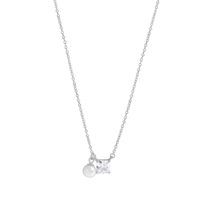 Elegant S925 sterling silver necklace with square cubic zirconia and round white pearl