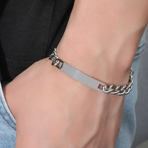Minimalist silver stainless steel cuban chain bracelet with rectangular metal bar