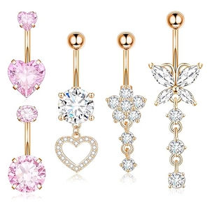 Set de 5 piercings de nombril en or rose avec cœurs roses et pendentifs de papillons