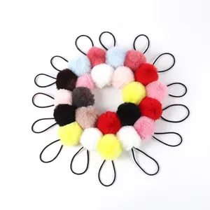 Colorful plush pom-pom hair ties set for girls with high-elasticity bands in various shades
