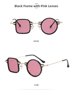 Macro detail of trendy asymmetric sunglasses with pink lenses and gold metal frames