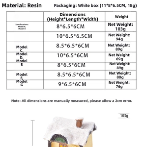Detailed size and weight chart for resin Christmas house miniature decorations