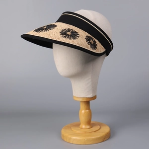 Women's straw open top sun visor hat with floral embroidery and contrast fabric headband
