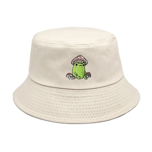 Beige cotton bucket hat featuring a cute cartoon frog and mushroom embroidery for outdoors