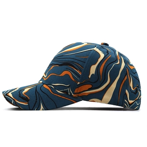 Detail view of stylish baseball cap showing orange and blue marble pattern textures