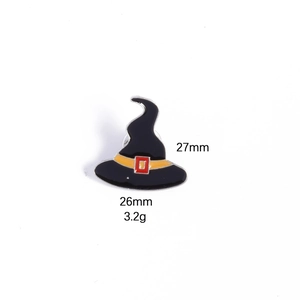 Detail view of black enamel wizard hat brooch with dimensions of 27mm height and 26mm width