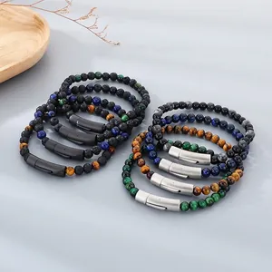 Natural Tiger Eye Stone Lava Rock Beaded Bracelet With Stainless Steel Buckle For Men Unisex Minimalist Jewelry