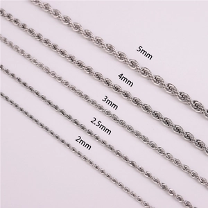 Detail view of silver rope chains showing 2mm to 5mm thickness variations and texture