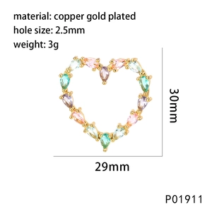 Mosaic heart pendant with micro-set zircons and colorful stones in gold-plated copper