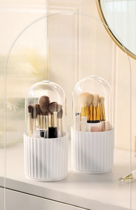 Detail view of 360 rotating makeup brush holder with dustproof transparent cover