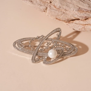 Elegant Saturn Planet Brooch For Women Copper Material With White Artificial Pearl And Shiny Zircon Star Accents Luxury Fashion Jewelry