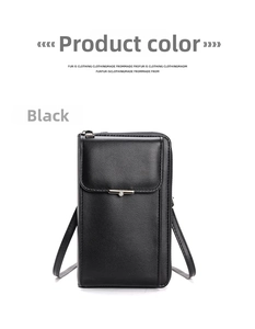 Detail of black crossbody phone bag with metal trim, pearl accents and zip closure
