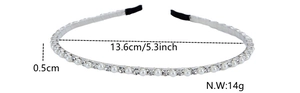 Detail view of 0.5cm silver metal headband with pearls, rhinestones and dimensions