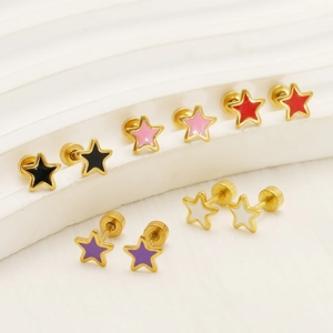Detailed view of stainless steel star earrings with colorful enamel inlay and screw backs