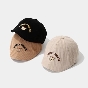Three children's corduroy beret hats in black, khaki and beige with bear embroidery