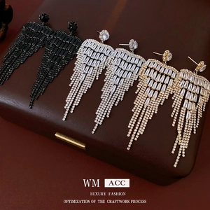 Exaggerated Zircon Tassel Earrings With Silver Earring Post Copper Long Dangle For Women Party Jewelry Luxury