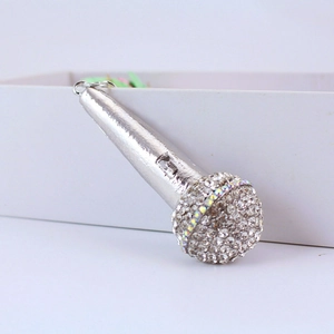 Silver microphone keychain with sparkling rhinestones and high-gloss metallic finish