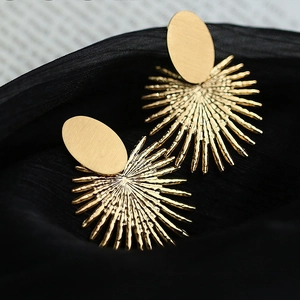 Stainless Steel 18K Gold Plated Sunburst Geometric Fan Shape Stud Earrings Vintage Textured For Women Jewelry Gift