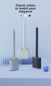 Three-piece wall-mounted toilet brushes in grey, white, and black with matte handles