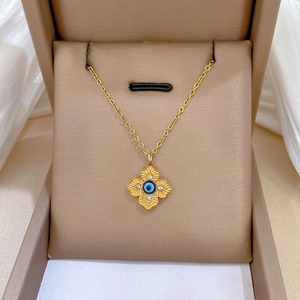 18K gold plated titanium steel lucky clover evil eye necklace with zircon accents