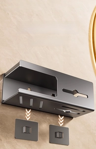 Detail of detachable wall-mounted bathroom storage box with drainage bottom in grey finish