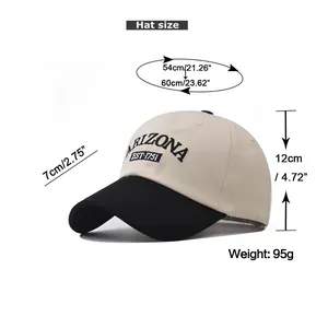 Detailed size guide for Arizona embroidered baseball cap showing dimensions and weight