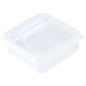 Square transparent plastic food storage container with a portable handle on lid