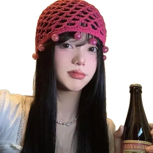 Handmade bohemian hollow knit hat in rose red with pink bead accents for women