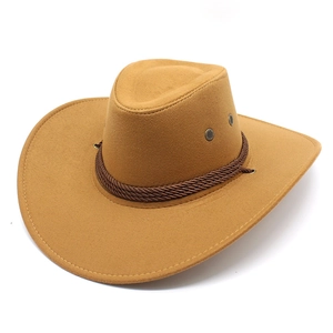 Close-up of suede cowboy hat featuring braided rope band and vintage metal eyelets