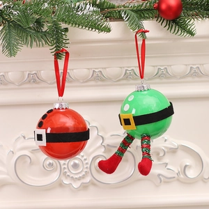 Hanging Christmas ornaments featuring Santa and elf themes with sequins and velvet belts