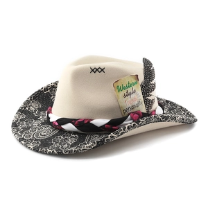 Detail view of wide brim fedora hat with paisley pattern lace and feather accents