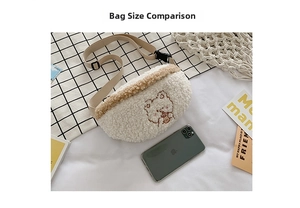 Detail of cute bear embroidery on fluffy faux shearling crossbody bag with adjustable strap