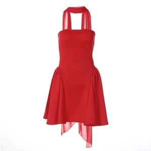 Sleeveless red strapless mini dress with neck mesh scarf and side draped pleated hem