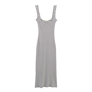 Women's blue and white striped knit midi dress with a slim fit and round neckline