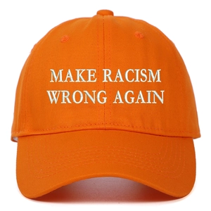 Detailed 3D embroidery of 'Make Racism Wrong Again' on orange cotton baseball cap